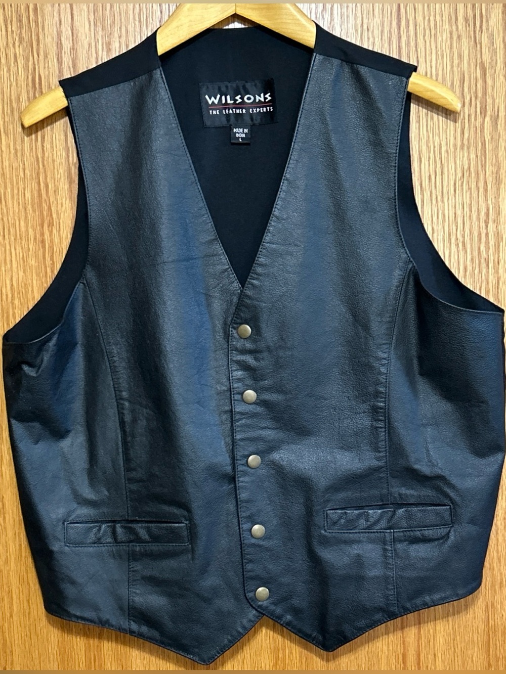 Wilsons Black 100% Leather Vest Men Size Large Snap Waistcoat Biker Western Goth